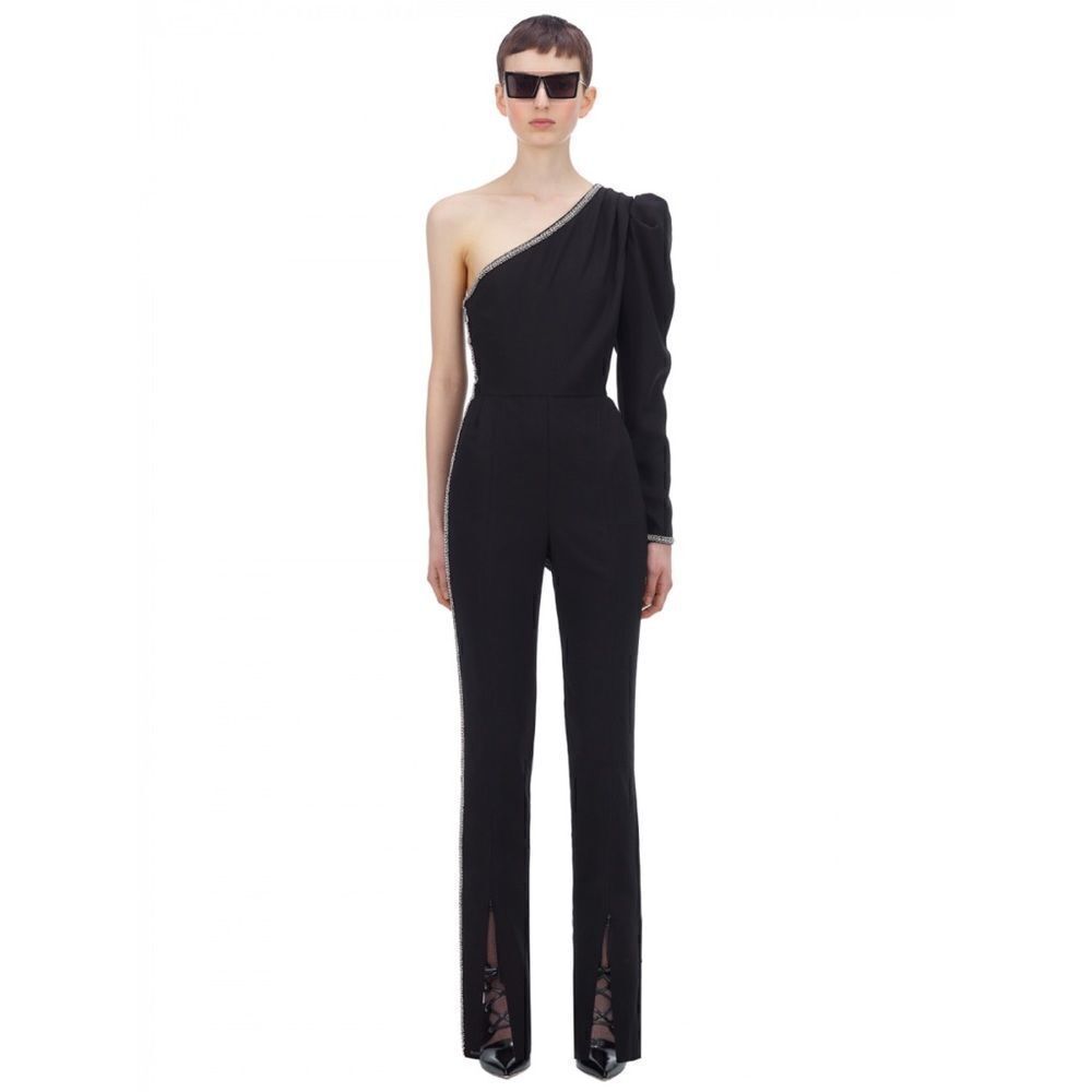 Self-Portrait One Shoulder Crepe Jumpsuit In Black Size Us2